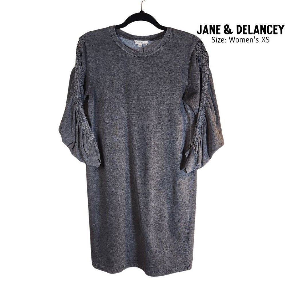 JANE AND DELANCEY Anthropologie Knit Sweatshirt Dress XS Rouching on Sleeves